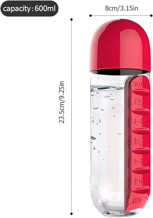 Macabolo 2 in 1 Portable Water Bottle with Pill Box Organizer 7 Days Planner Box Travel Medication Cases Containers (600ml) - Image 3