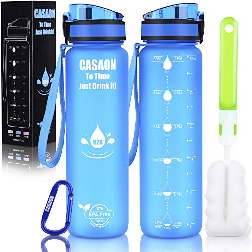 CASAON 32oz Motivational Water Bottle with Time Marker, 1 Liter Tritan BPA Free Sports Water Bottle - Blue - Thumbnail 7