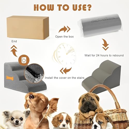 Beauenty Dog Stairs Ramp for Beds & Couches, Extra Wide Pet Steps with Non-Slip Fabric, Ideal Dog Ramp for Bed, Perfect Dog Stairs for Small Dogs and Cats,Grey,3-Tiers