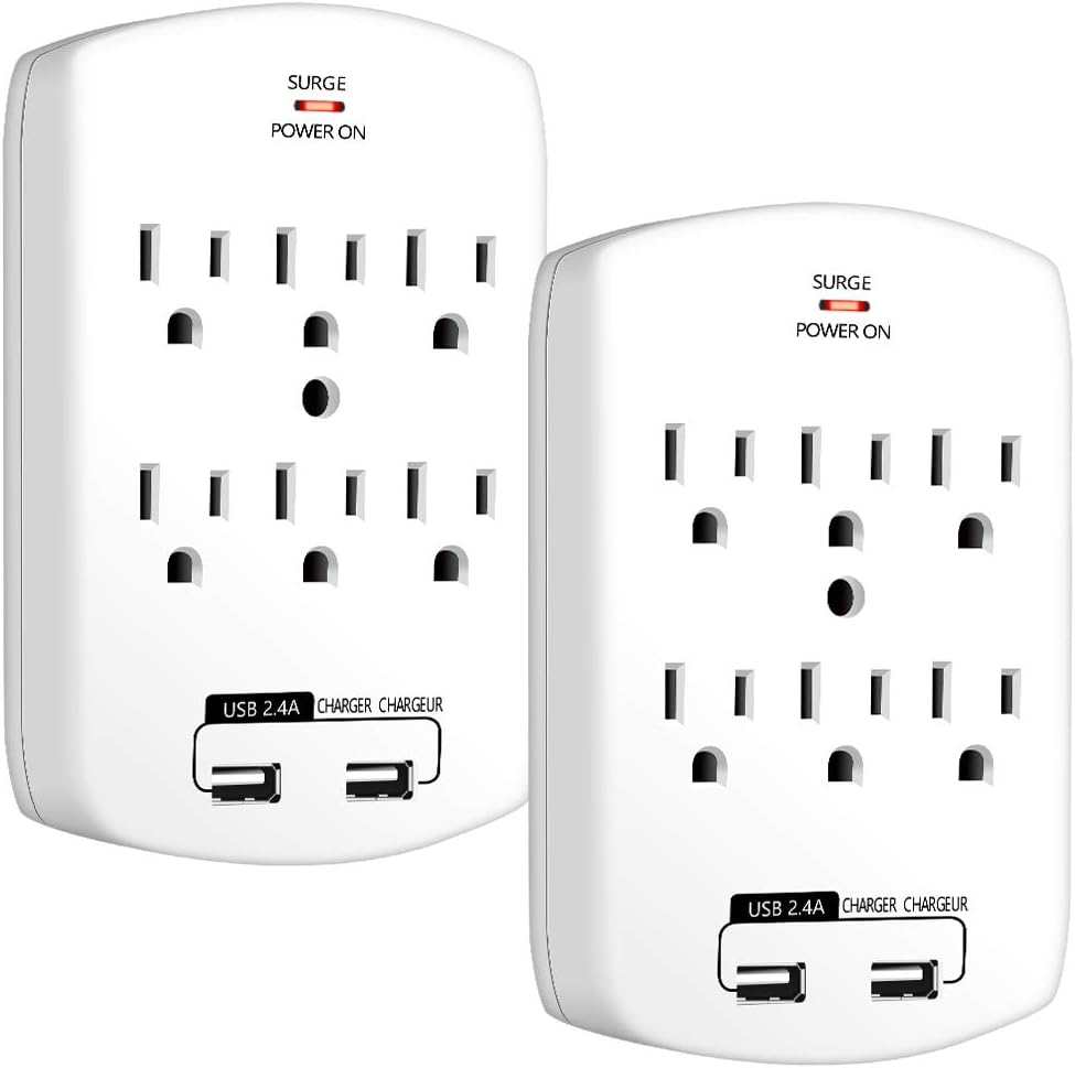 Outlet Surge Protector, ANKO 6-Outlet Wall Tap AC Adapter with 2.1A Dual USB Charging Station, Grounding and Protection Indicator for Home, Office, ETL Certified (2 Pack)