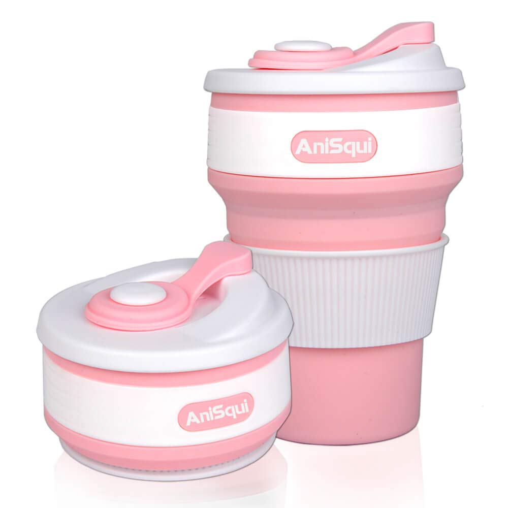 AniSqui Collapsible Coffee Cup Silicone with Lids (12oz 350ml, BPA Free Portable Coffee Cup), Foldable Mugs Collapsible Fits Your Pocket (Pink)