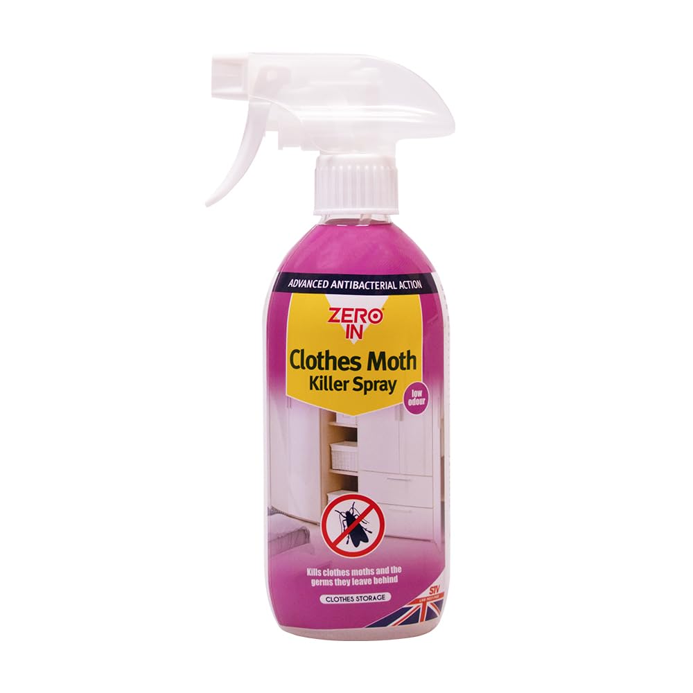 Zero In Antibacterial Clothes Moth Killer - 500 ml. Unique, Ready-To-Use Formulation Kills Clothes Moths, Larvae, and the Germs they Carry. Water-Based. Prevents Reinfestation for up to 12 Weeks
