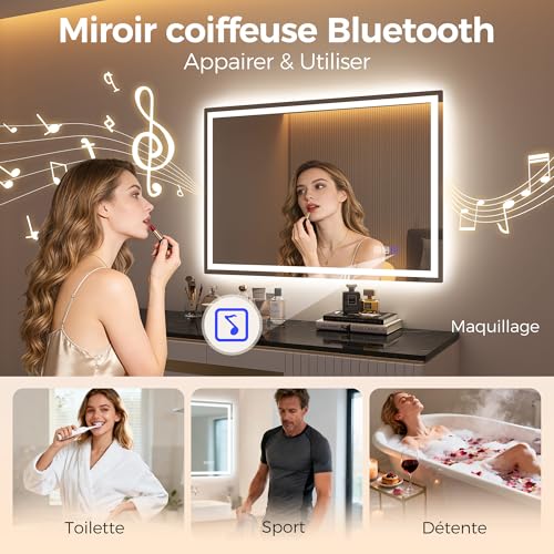 STARLEAD Mirror-LED-Bathroom-with-Lighting and Bluetooth, Anti-fog, 3 Colours Light, Dimmable, Memory, IP44, Tempered Glass, Horizontal/Vertical