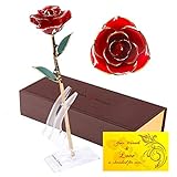 DuraRose Authentic Rose with Stand and Love Card, Everlasting Real Rose Stem Dipped in 24k Gold - Best Gift for Loves Ones. Ideal for Valentine's Day, Mother's Day, Anniversary, Birthday (Red)