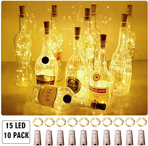 Aluan Wine Bottle Lights with Cork Christmas Lights 15 LED 10 Pack Fairy Lights Waterproof Battery Operated Cork String Lights for Jar Party Wedding Christmas Festival Bar Decoration, Warm White