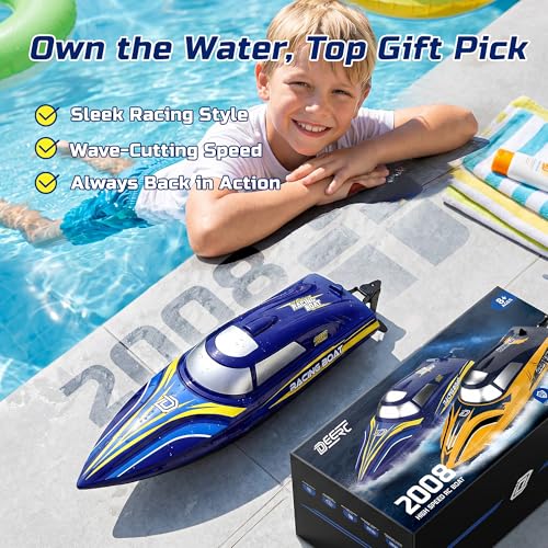 DEERC 14" Fast RC Boat for Kids & Adults, 32+ KPH Remote Control Speed Boat with 2x1200mAh Batteries, Auto Self-Righting Waterproof Toy for Lakes & Pools