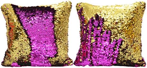 meSleep Flip Sequins Magic Megenta Gold Cushion Cover (16x16 Inches | 40x40 cm)-Set of 2