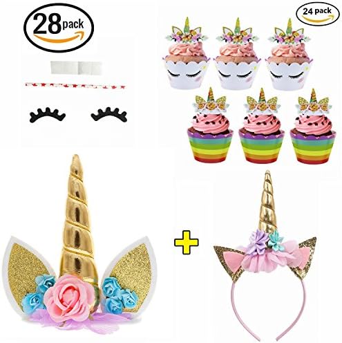 Unicorn Party Supplies Unicorn Cake Topper, 24 Pack Unicorn Cupcake Toppers Wrappers and Unicorn Headband, Gold