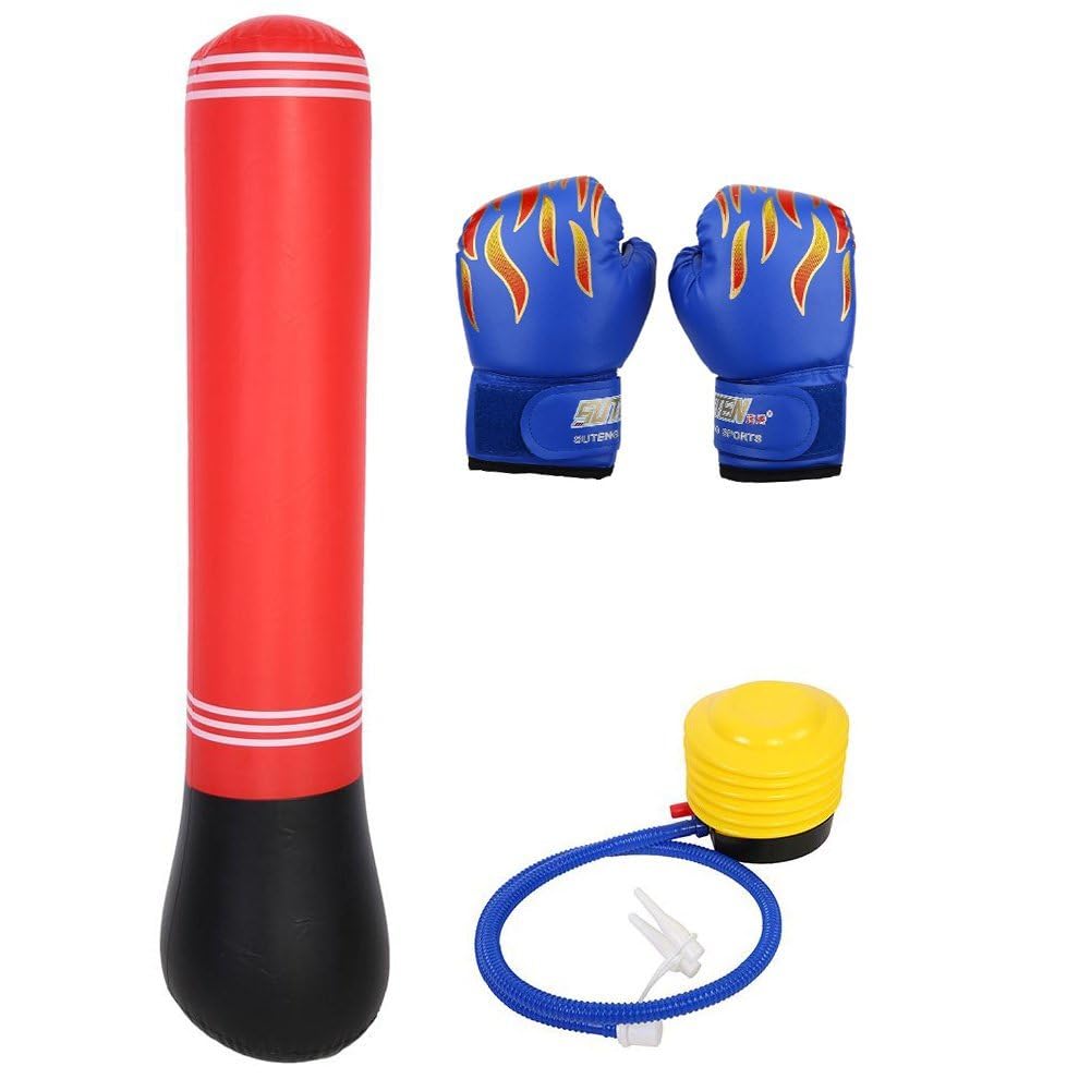 Boxing Gloves, PU Sparring Punching Training Gloves with Inflatable Pounching Bag and Pump for Age 3-12 Years, Black