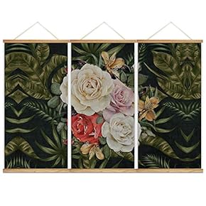 Hanging Poster NO Magnetic Wooden Framed,Green Leaves,Beautiful Flowers Home Wall Canvas Prints Decoration Ready to Hang - 18"x36"x3 Panels