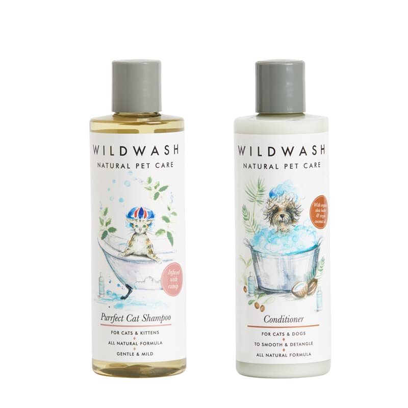 WildWash Purrfect Cat Shampoo with Added Catnip 250ml - Add Shine and Luminosity to Dull Hair - Natural, Sulphate and Paraben-Free for Sensitive Skin 250ml (Shampoo & Conditioner)