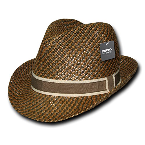 Two Tone Headband Paper Braid Woven Fedora Hat - BROWN - S-M