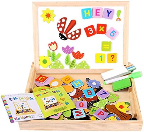 156 Pieces Wooden Educational Toy, Seacue Double Sided Drawing Easel Dry Erase Board Puzzles Alphabet Letters, Numbers, Animals Games, Educational Learning Game Toy for Kids