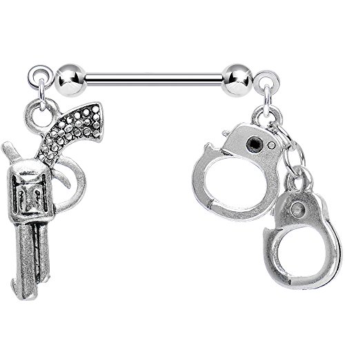 Body Candy Stainless Steel Gun and Handcuffs Nipple Ring Set of 2 16mm