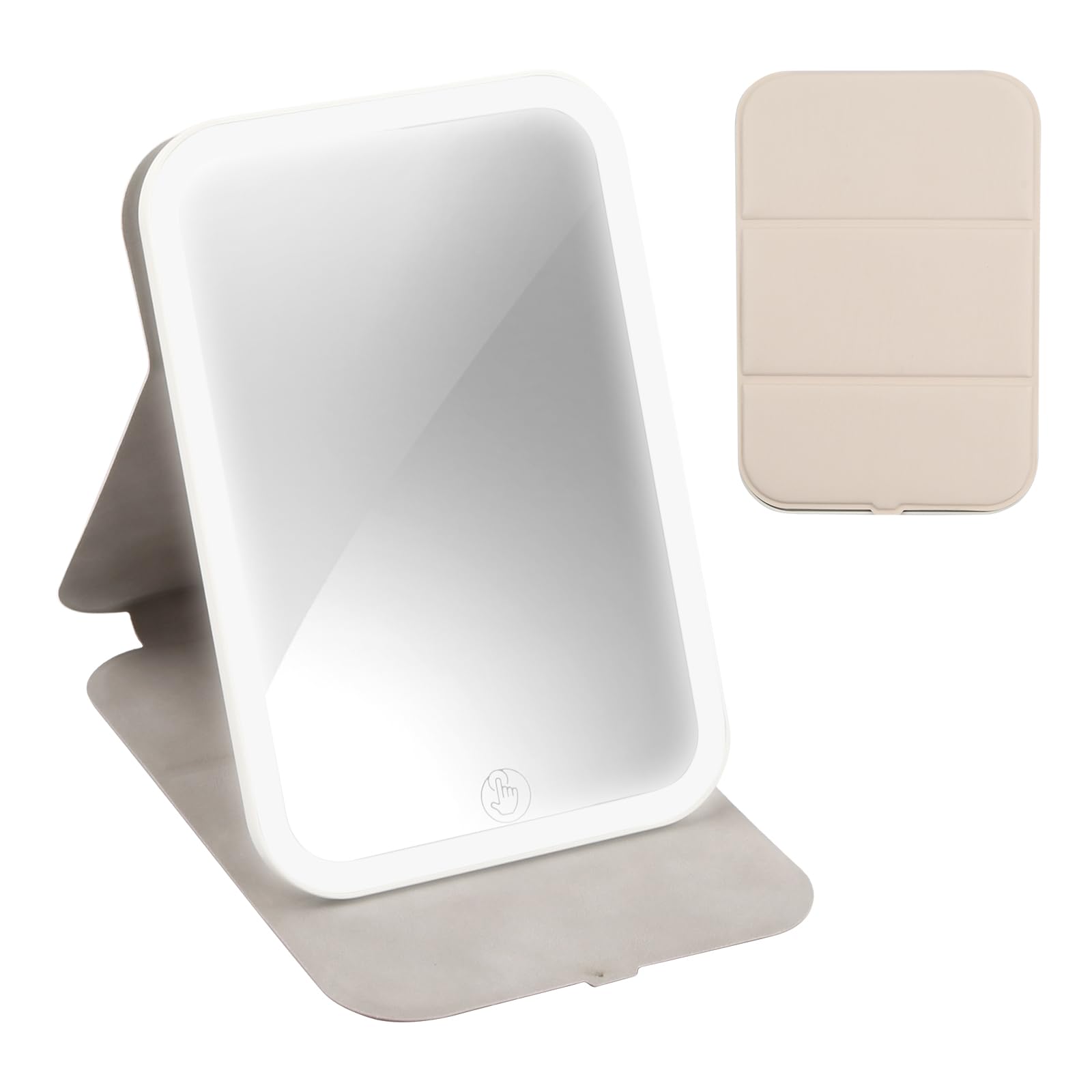 Travel Makeup Mirror Portable LED Light up Mirror 360° Lighted Vanity Mirror Touch Screen Make up Mirror with Light 3-Color Dimmable Lighting Rechargeable Tabletop Folding Cosmetic Mirror (Cream)