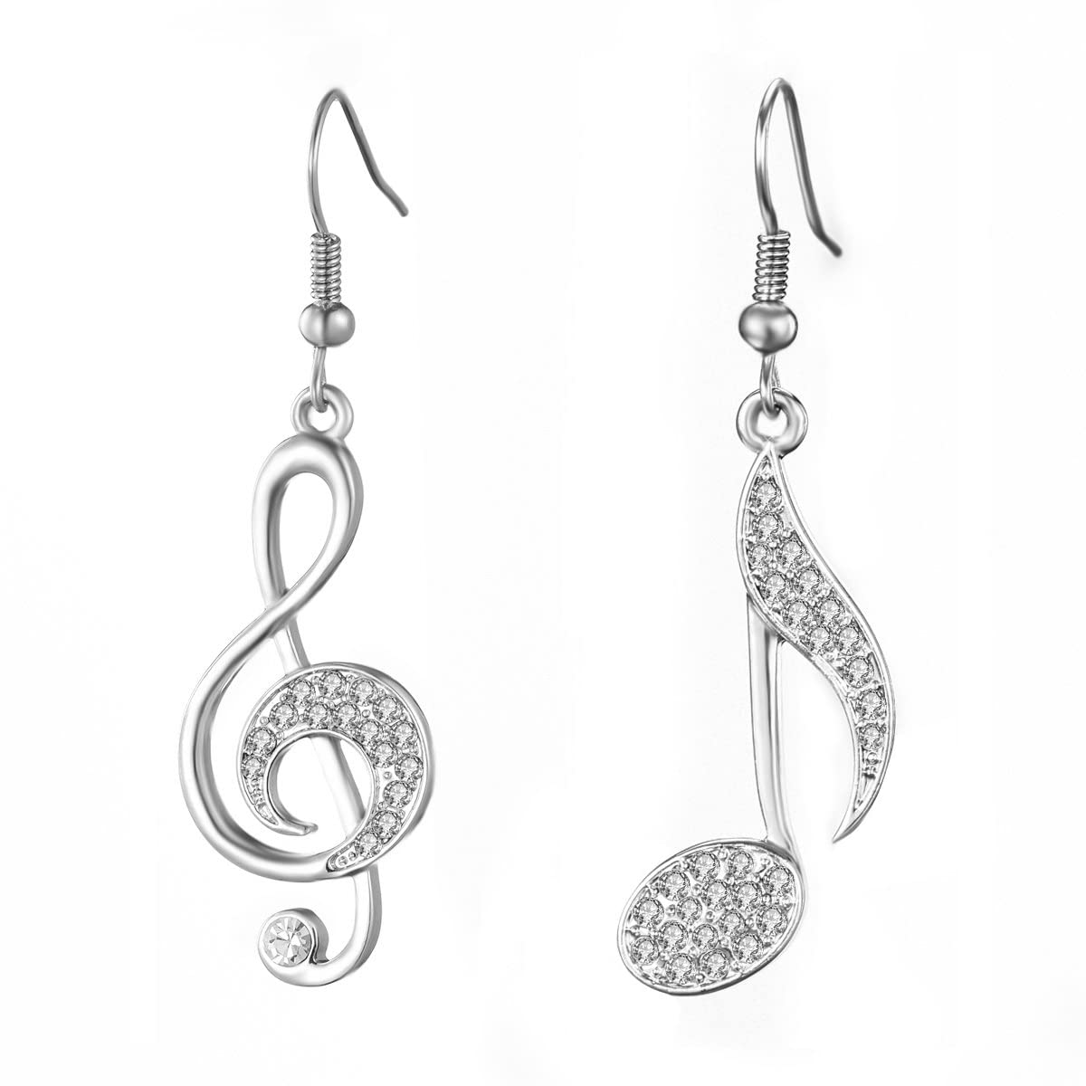 Music Note Dangle Earring for Women, Hypoallergenic Rose Gold and Silver Plated Drop Earring with Crystal Jewelry Gift for Friends (Silver Plated)