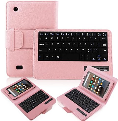 Fire 7 2015 Keyboard Case, Vistore Stand PU Leather Case Cover With Removable Bluetooth Keyboard For Amazon Kindle Fire 7 inch Display Tablet (5th Generation - 2015 Release)(Pink)