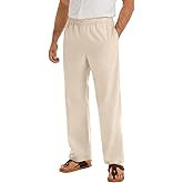 Auxo Men's Casual Linen Pants Elastic Waist Drawstring Beach Summer Pants Lightweight Linen Cotton Trousers
