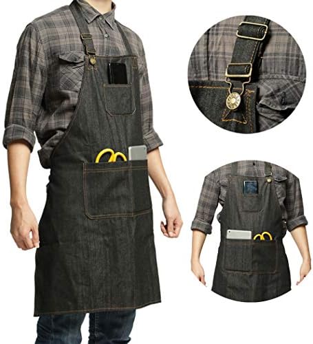 CZHEZEE Heavy Duty Denim Jean Tool Apron with Pockets Waterproof Waxed Canvas Apron for Men and Women Adjustable Work Apron