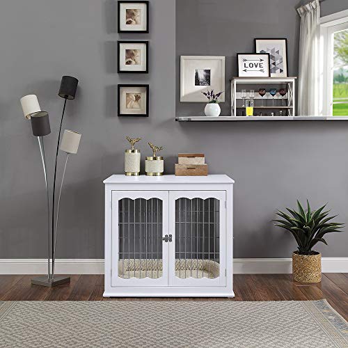 unipaws Furniture Style Dog Crate End Table with Cushion, Wooden Wire