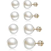 Sanglarst 4 Pairs Pearl Stud Earrings 14K Plated Gold Sterling Silver Hypoallergenic Earring stud Large size pearl 8mm-14mm Set Earrings for women