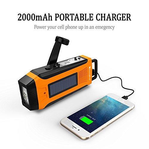 RunningSnail AM/FM NOAA Weather Emergency Solar Digital Crank Radio with 3W LED Flashlight, SOS Alarm & 2000MAh Power Bank(Orange) …