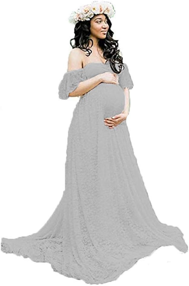 Women's Off Shoulder Ruffle Sleeve Lace Maternity Gown Maxi Photography Dress