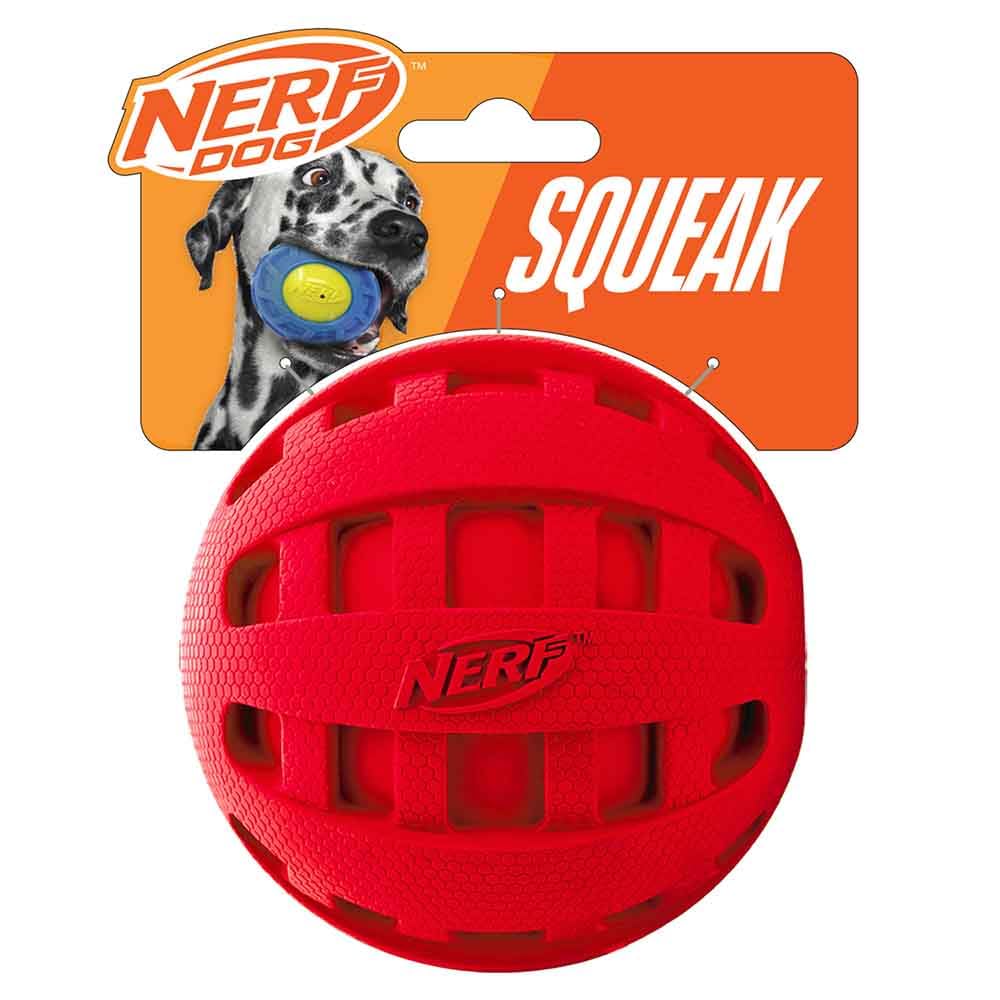Nerf Dog Rubber Ball Dog Toy with Checkered Squeaker, Lightweight, Durable and Water Resistant, 4 Inch Diameter for Medium/Large Breeds, Single Unit, Red