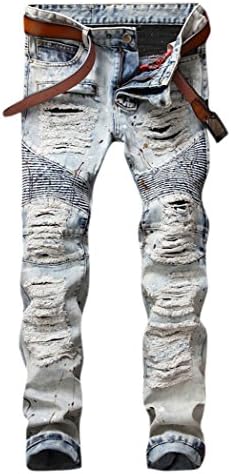 OKilr Pjik Men's Vintage Light Blue Straight Fit Distressed Ripped Moto Biker Denim Jeans 32