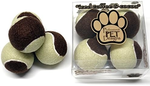 Iced Coffee &amp; Cocoa 'Color' Dog Tennis Ball – Exercise toy for your puppies – Four 2.5 inch medium sized balls in a Designer Box – No Scent nor Squeaky – Cool Durable Design