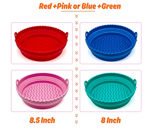 Air Fryer Silicone Liners Pot 2 Pack Air Fryer Accessories for 5 Qt to 8 Qt, Reusable Silicone Air Fryers Basket Bowl Foldable for Baking Tray Oven, Red+Pink, 8.5 Inch