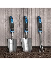 Prostormer Juego de herramientas de jardín de 3 piezas, kit de regalo de jardinería de acero inoxidable resistente con asas ergonómicas antideslizantes Incluye trompa, paleta de trasplante y rastrillo de mano de cultivador