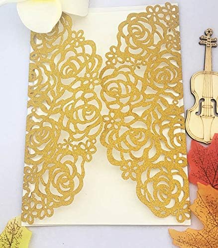 Cards & Invitations - Free 1pcs Glitter Laser Cut Flora Wedding Invitation Card, Laser Cut Invite Pocket wit Envelope,Insert - (Color: a02 Gold Glitter)
