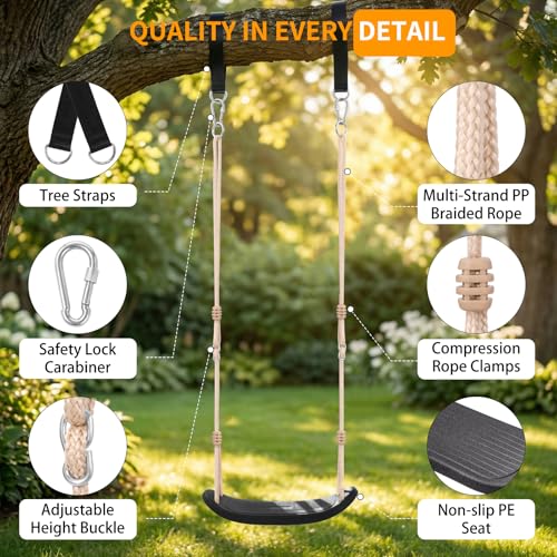 Fionrziy Ergonomic Swing, Height-Adjustable Children's Swing up to 120 kg for Outdoors, Weatherproof and Non-Slip Swing Seat, Includes Tree Straps and Carabiner for Children from 3 Years, Black