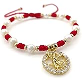 CRUZONE - St Michael Archangel Pendant Medal on Adjustable Ivory Cord and Freshwater Pearls Wrist Adjustable Bracelet
