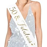 50 and Fabulous Sash, 50th Birthday Sash Fabulous 50 Sash Birthday Party Favors, Supplies and Decorations (White/Gold)