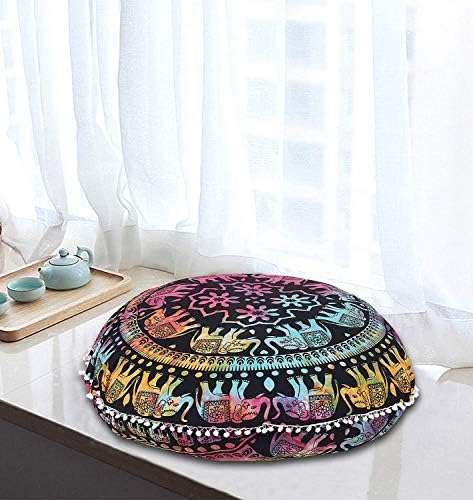 AAKARSHAN 32" Multi Elephant Mandala Floor Pillow Meditation Cushion Seating Throw Cover Hippie Decorative Bohemian Boho Indian