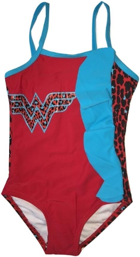 LC Boutique Toddler Girls One Piece Wonder Woman Swimsuit with Animal Print Ruffles in Sizes 2T to 4T