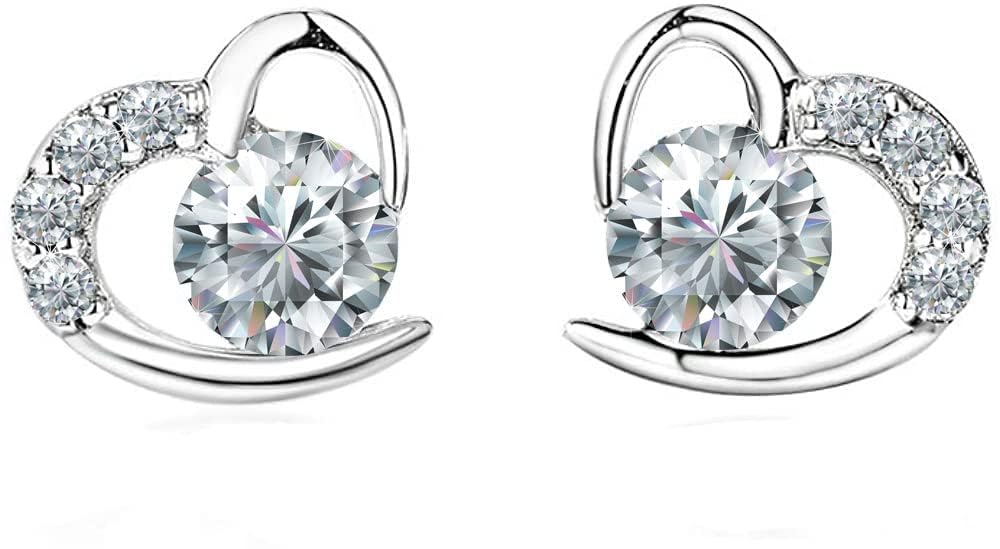 Kaguyo silver Earrings for Women, girls earrings 925 Sterling Silver Cubic Zirconia heart Stud Earrings For Women Girls birthday Gift