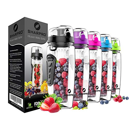 sharpro Infuser Water Bottle - Best Fruit Infusion Sports Bottle - Large 32oz - Flip Top Lid - Made of Durable Eastman Tritan