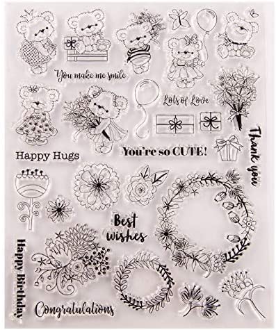Joyful Home 1pc Cute Bear Spring Happy Hugs Thank you Rubber Clear Stamp for Card Making Decoration and Scrapbooking