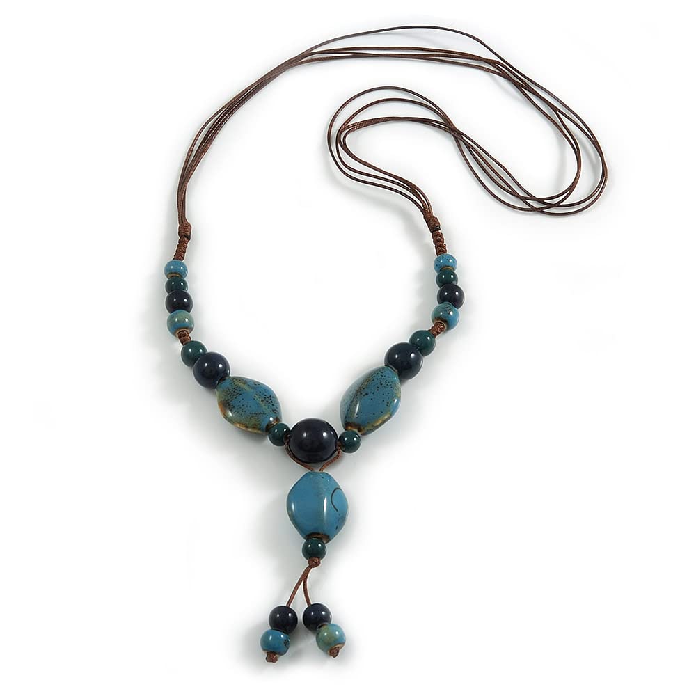 Avalaya Teal/Blue Oval/Round Ceramic Bead Tassel Necklace with Brown Silk Cord/ 70-80cmL/ Adjustable