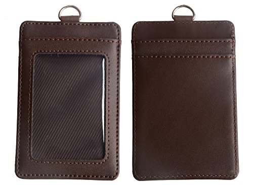 SeptCity ID Badge Holder with 1 ID Window &2 Card Slots and Detachable Neck Lanyard/Strap, 2-Sided Vertical Leather ID Card Case (12Colors) (Coffee)