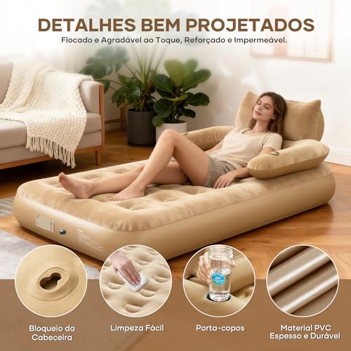 Trailabo Colchão Inflável com Encosto e Travesseiro, Bomba de ar Elétrica Recarregável Embutida - Marrom (Solteirão)