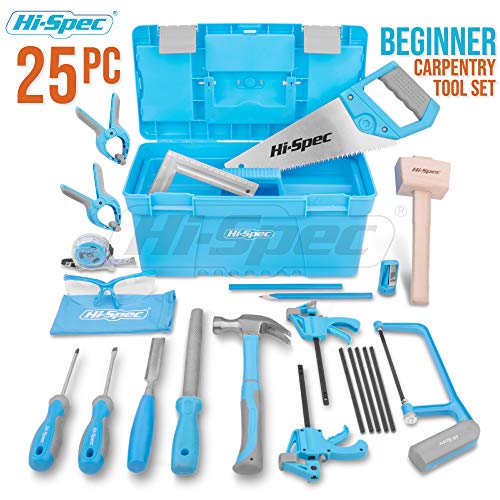 HiSpec 25pc Blue Beginners Carpentry Tool Kit Set. Complete Real Hand Tools for DIY Starters