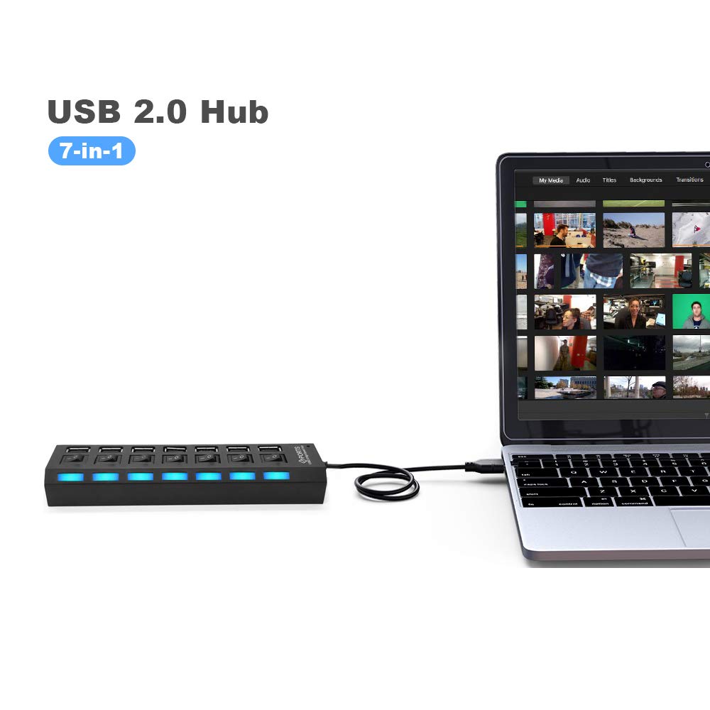 Sunvito 7-Port USB 2.0 Hub with Individual Switches and LEDs,USB Hub 2.0 Splitter for All USB Device