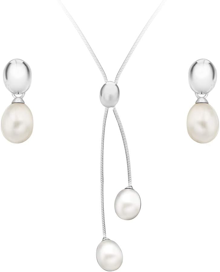 Tuscany Silver Women's Sterling Silver Set of Pearl Earrings and Necklace of Length 43 cm/17 Inch