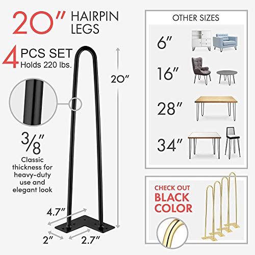 20 Inch Heavy Duty Metal Coffee Table Legs with Screws and Hairpin Leg