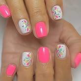 24Pcs Flower Press on Nails Short Square Fake Nails with Designs Cute False Nails Full Cover Glossy Stick on Nails Summer Pink Acrylic Glue on Nail for Women Daily Wear