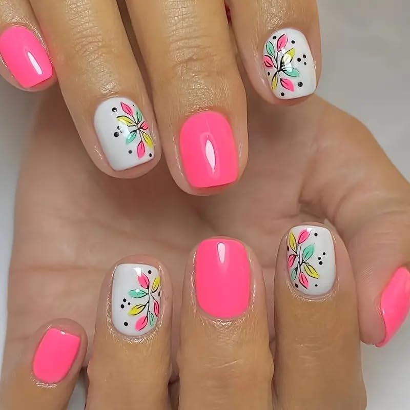 24Pcs Flower Press on Nails Short Square Fake Nails with Designs Cute False Nails Full Cover Glossy Stick on Nails Spring Glue on Nails Pink Acrylic Artificial Nails for Women Daily Wear